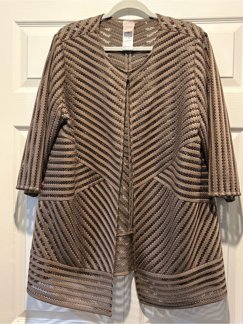 Chico's Taupe Open-Front Chevron Knit Cardigan Jacket Neutral NEW Sz 3 (XL)